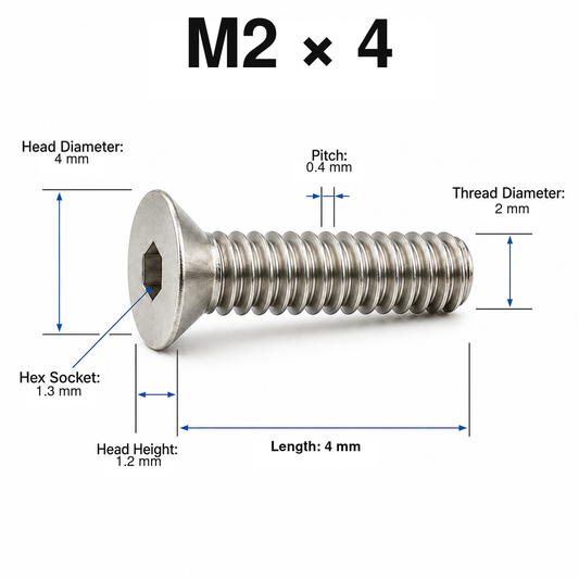 304 Stainless Steel Countersunk Hex Socket Screws – M2 × 4 mm