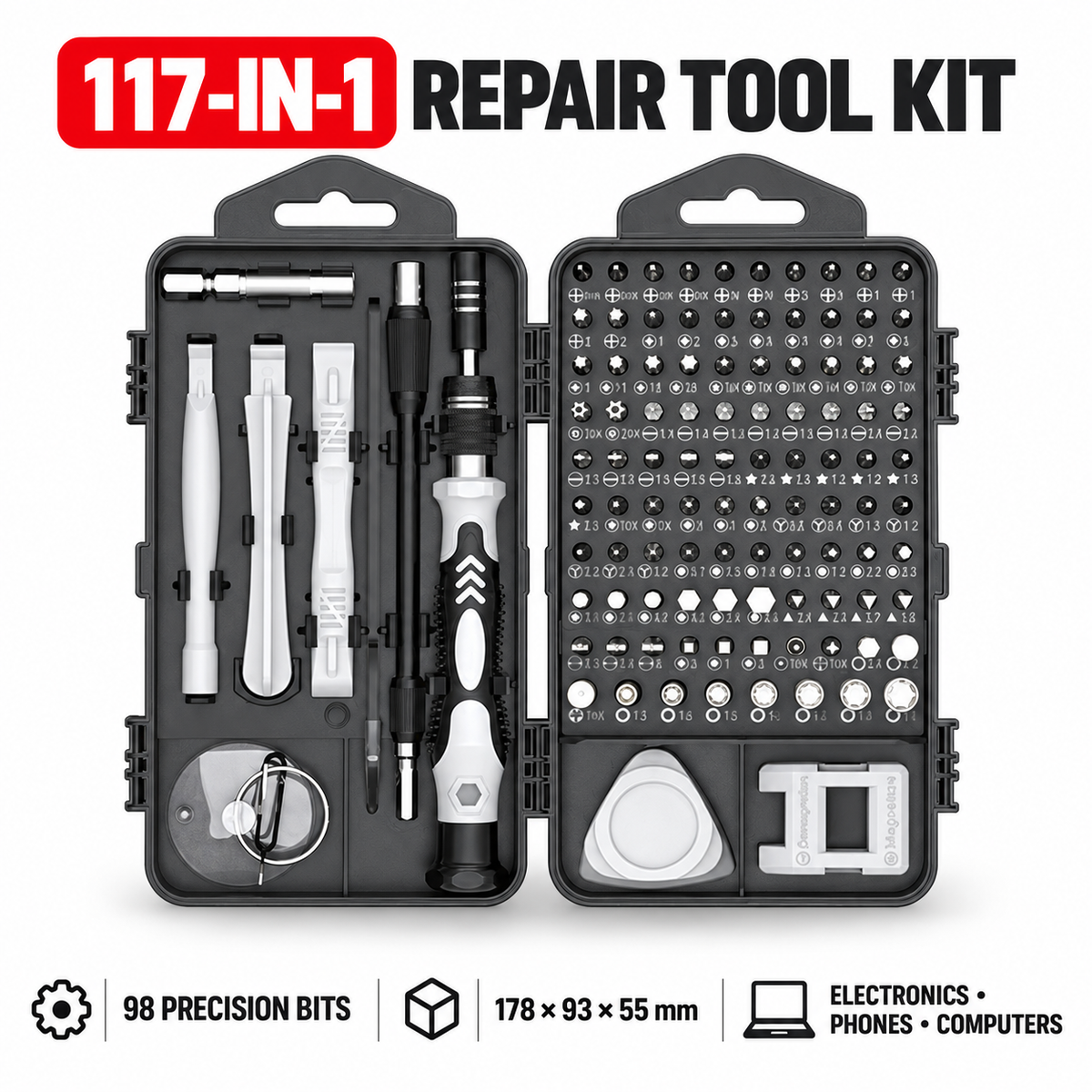 117-in-1 electronics repair tool kit with 98 precision bits