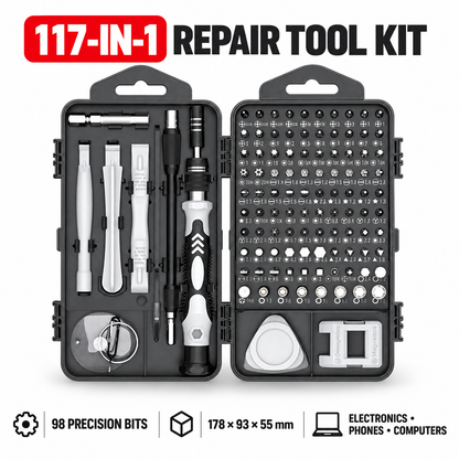 117-in-1 electronics repair tool kit with 98 precision bits