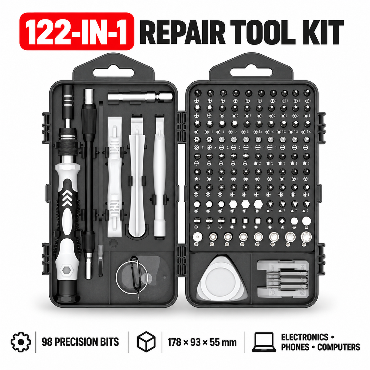 122-in-1 electronics repair tool kit with 98 precision bits