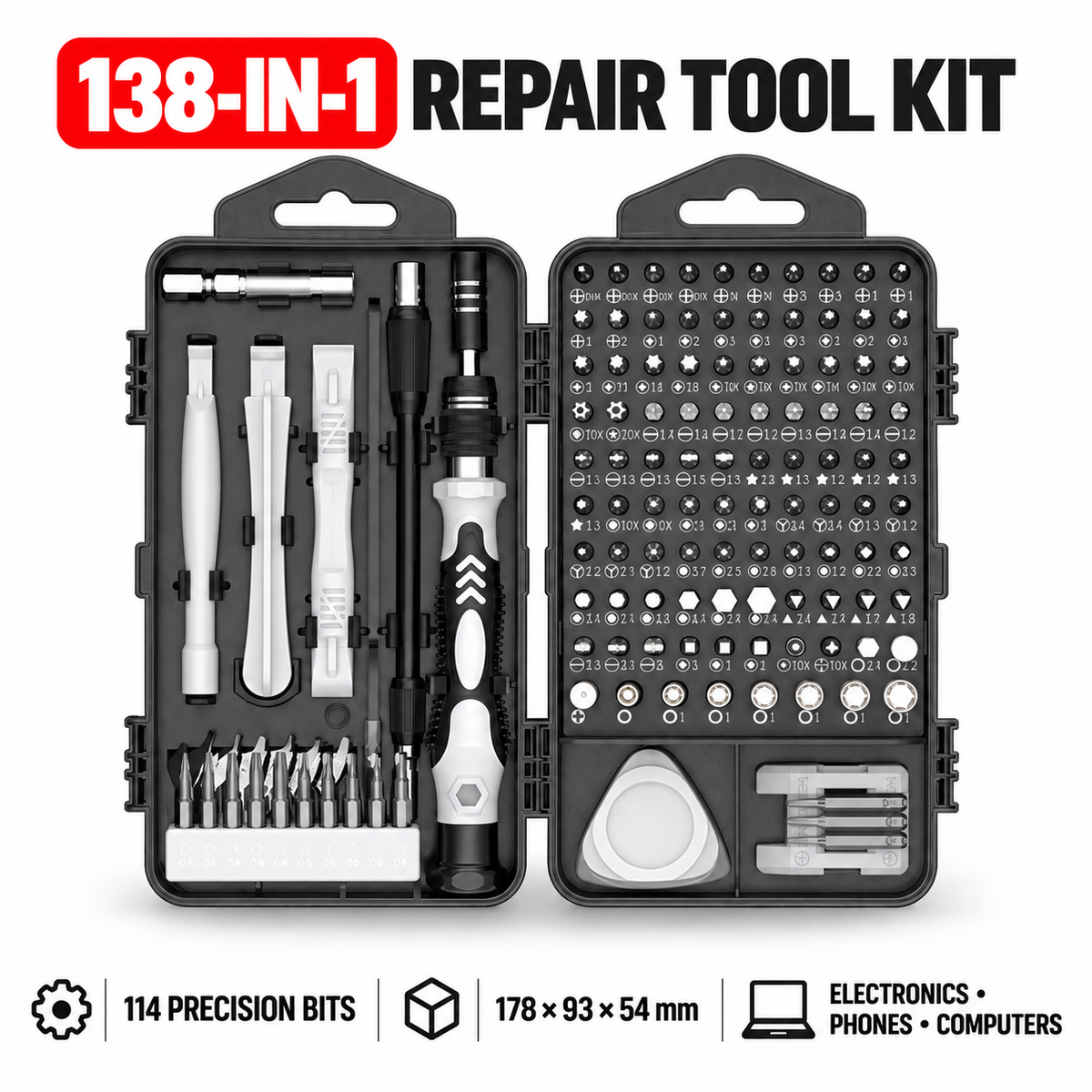 138-in-1 electronics repair tool kit with 114 precision bits