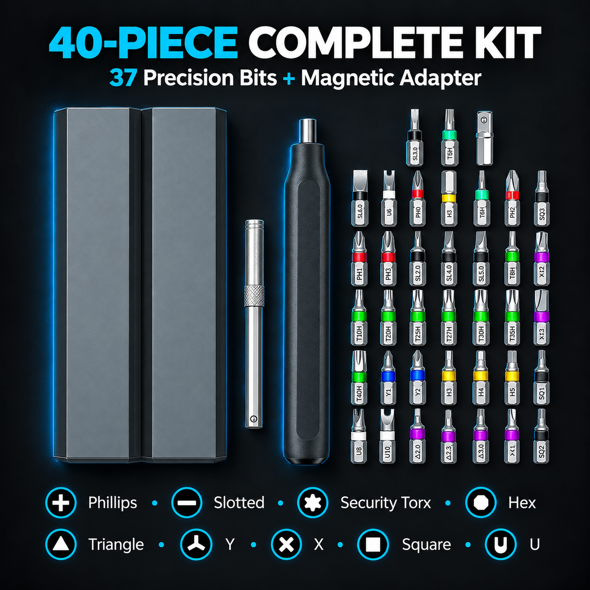40-piece screwdriver kit with 37 precision bits and magnetic adapter