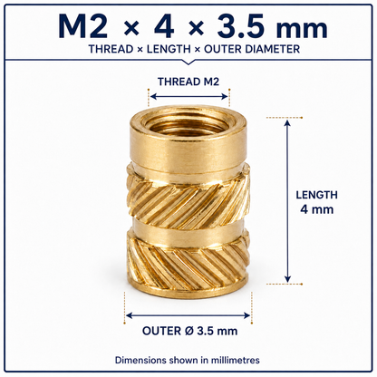 Brass heat-set threaded insert – M2 × 4 × 3.5 mm