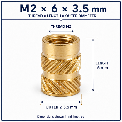 Brass heat-set threaded insert – M2 × 6 × 3.5 mm