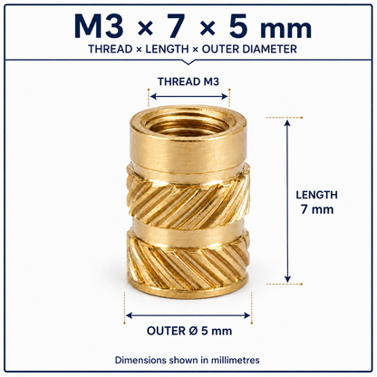 Brass heat-set threaded insert – M3 × 7 × 5 mm