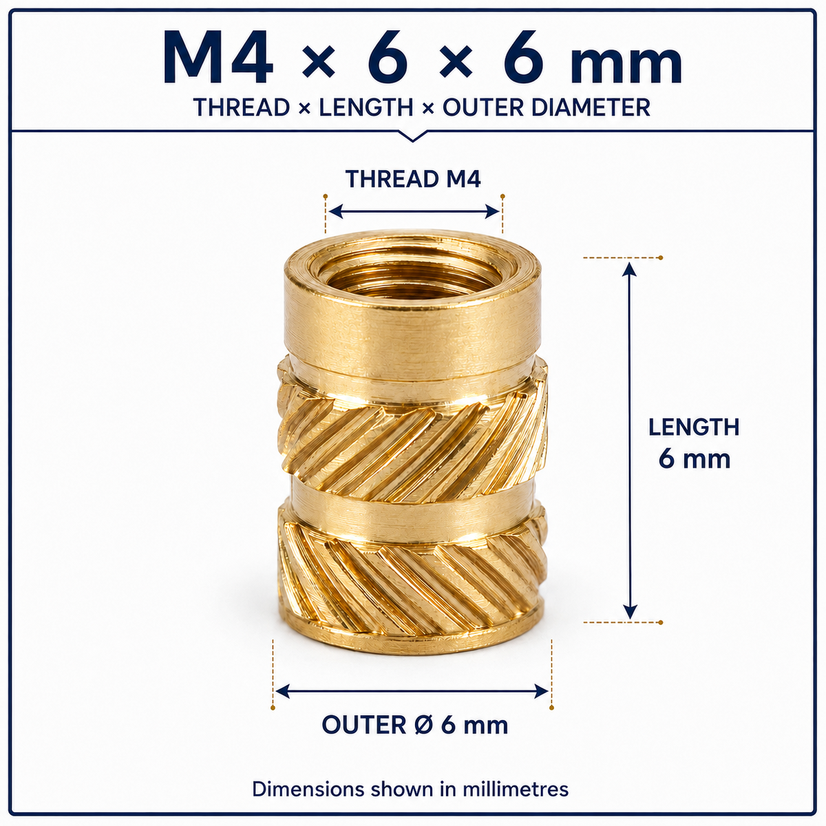 Brass heat-set threaded insert – M4 × 6 × 6 mm
