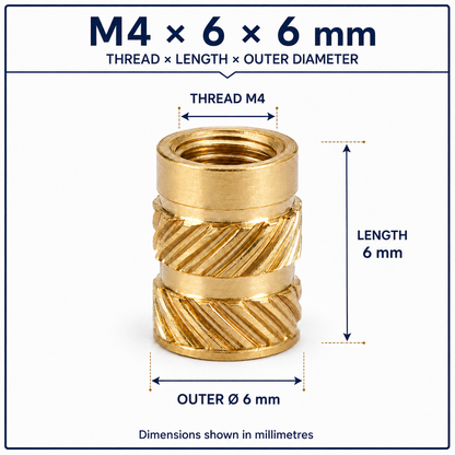 Brass heat-set threaded insert – M4 × 6 × 6 mm