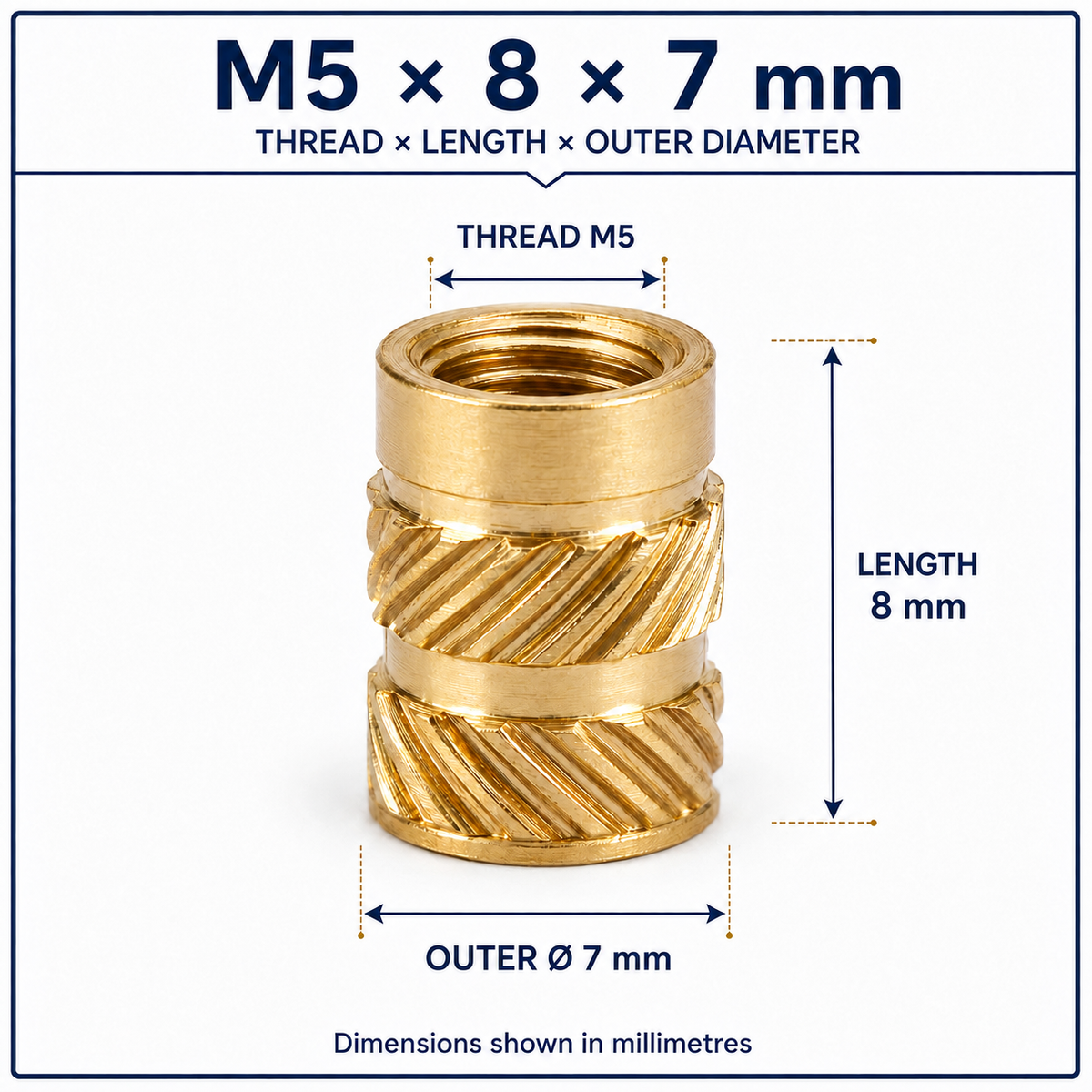 Brass heat-set threaded insert – M5 × 8 × 7 mm