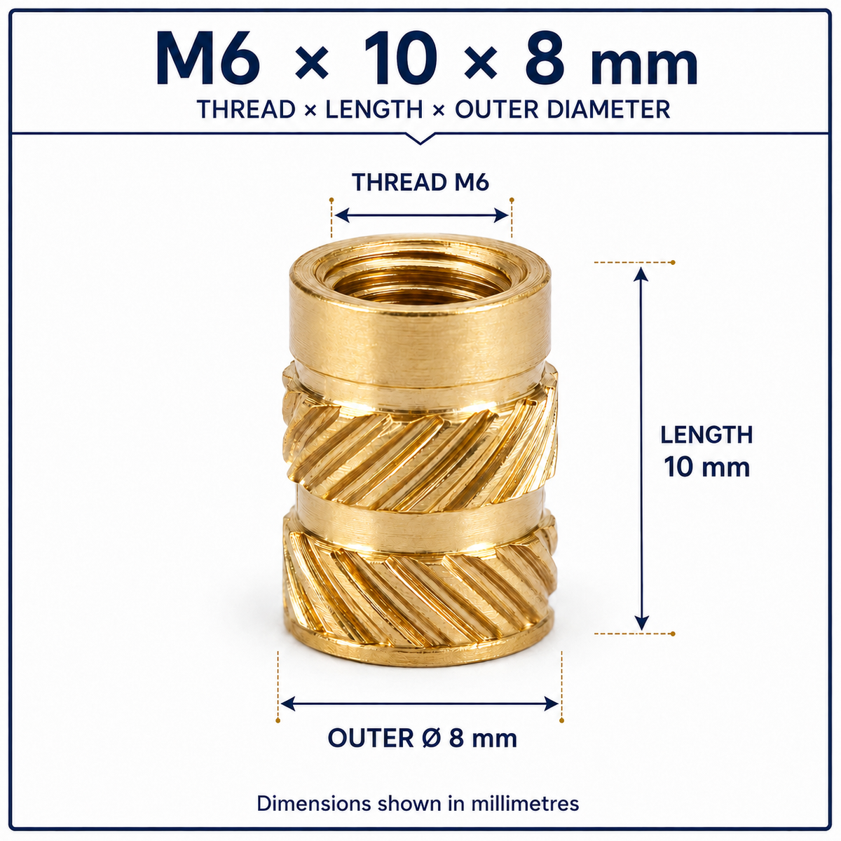 Brass heat-set threaded insert – M6 × 10 × 8 mm