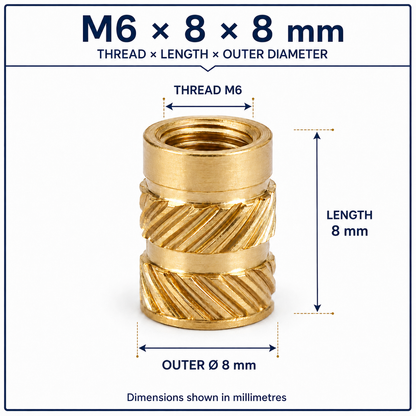 Brass heat-set threaded insert – M6 × 8 × 8 mm