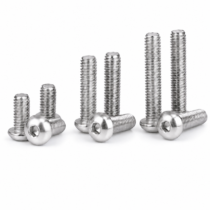 Stainless steel button-head socket screws on white background