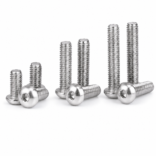 Stainless steel button-head socket screws on white background