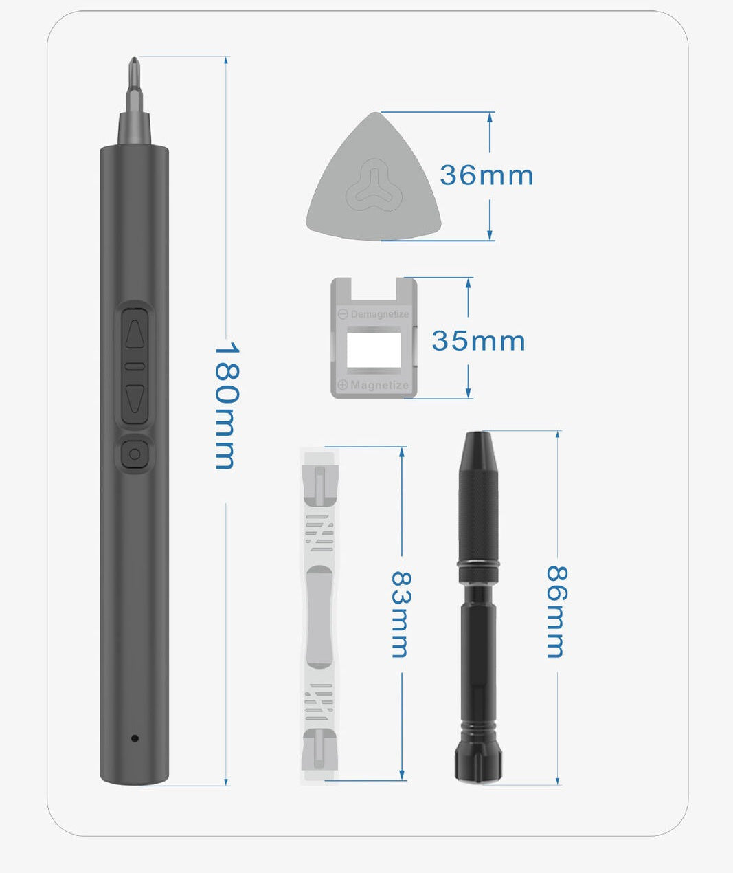 Rechargeable screwdriver and accessory dimensions