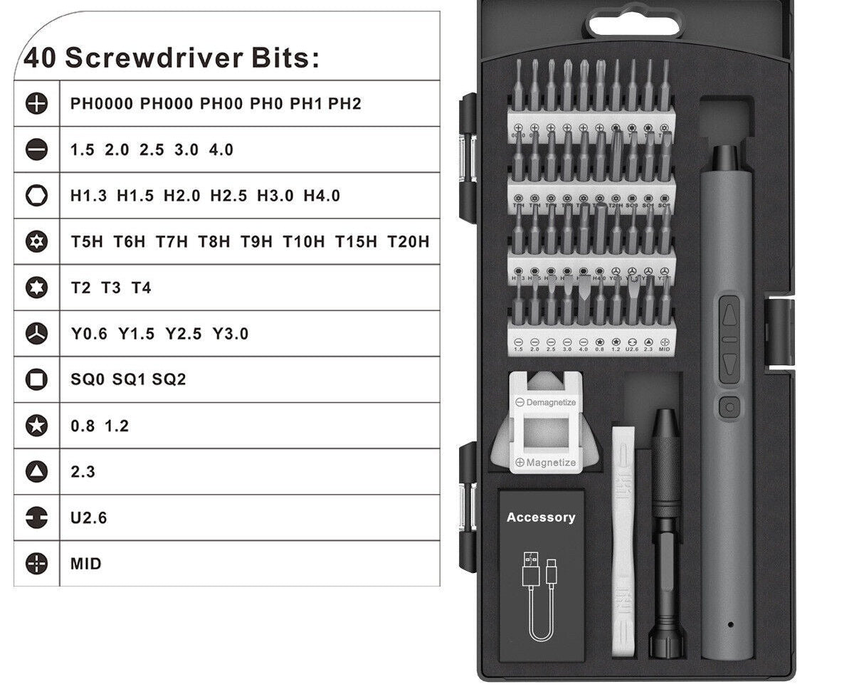 50-in-1 electric screwdriver kit with 40-bit specification chart
