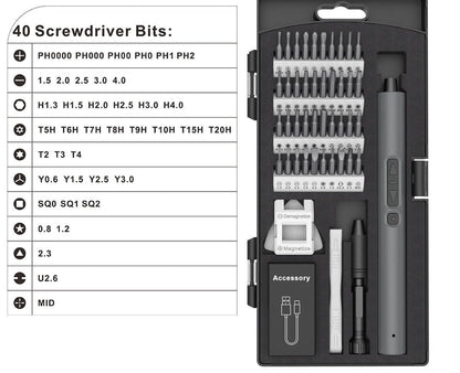 50-in-1 electric screwdriver kit with 40-bit specification chart