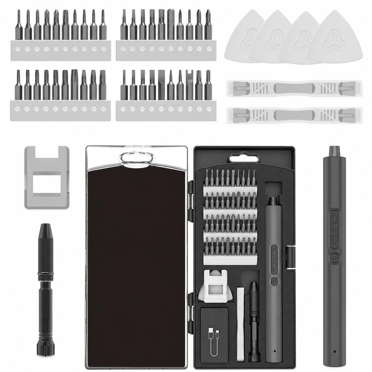 Rechargeable precision electric screwdriver kit on white background