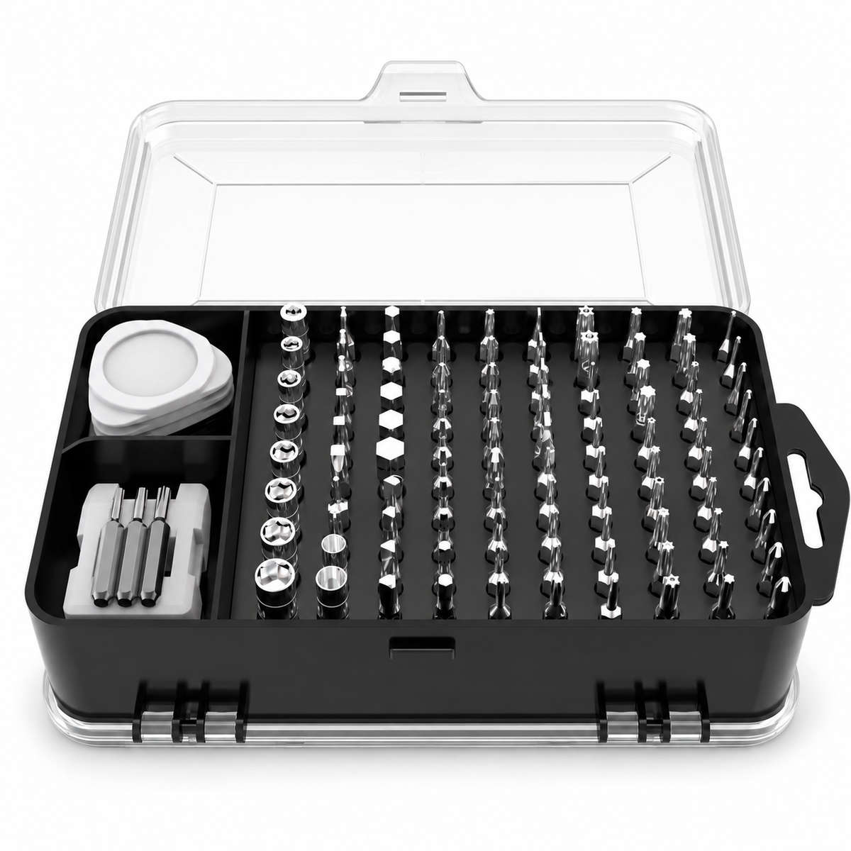 Electronics repair toolkit on white background