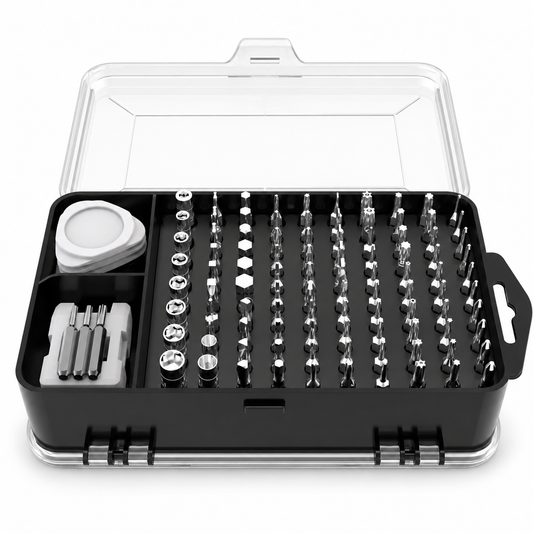 Electronics repair toolkit on white background