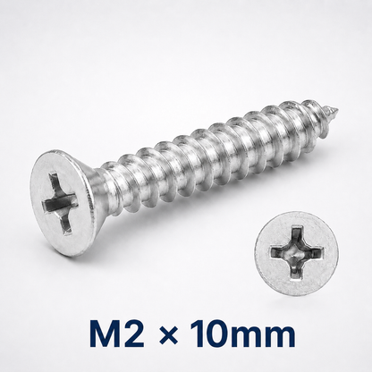 Stainless Steel Phillips Countersunk Self-Tapping Screws – M2 × 10 mm