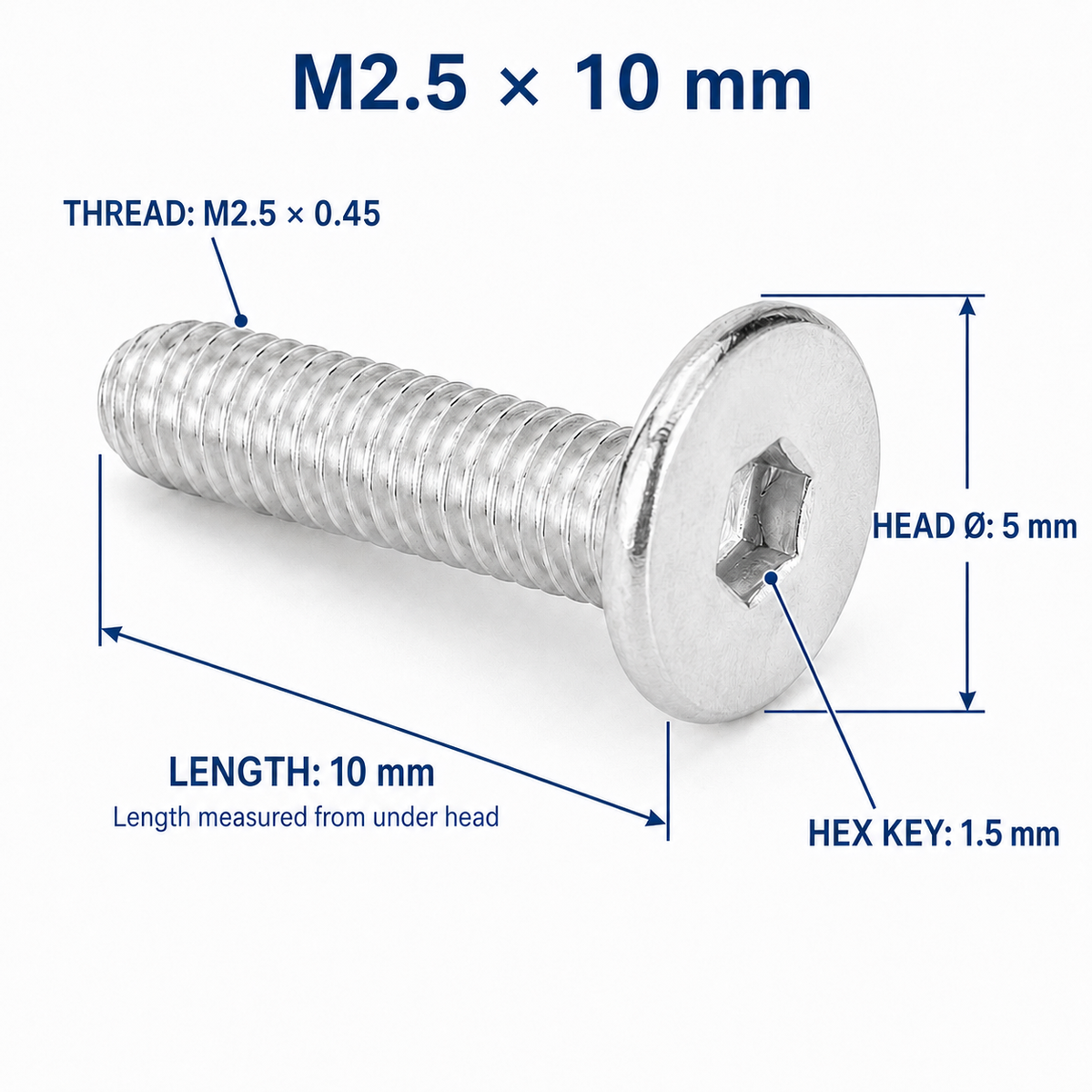 304 Stainless Steel Ultra-Low Profile Hex Socket Screws – M2.5 × 10 mm