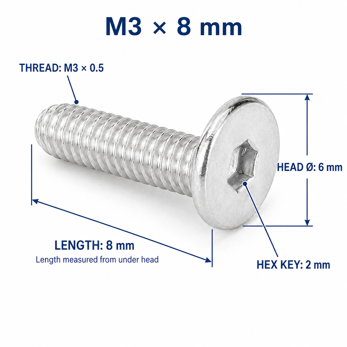 304 Stainless Steel Ultra-Low Profile Hex Socket Screws – M3 × 8 mm