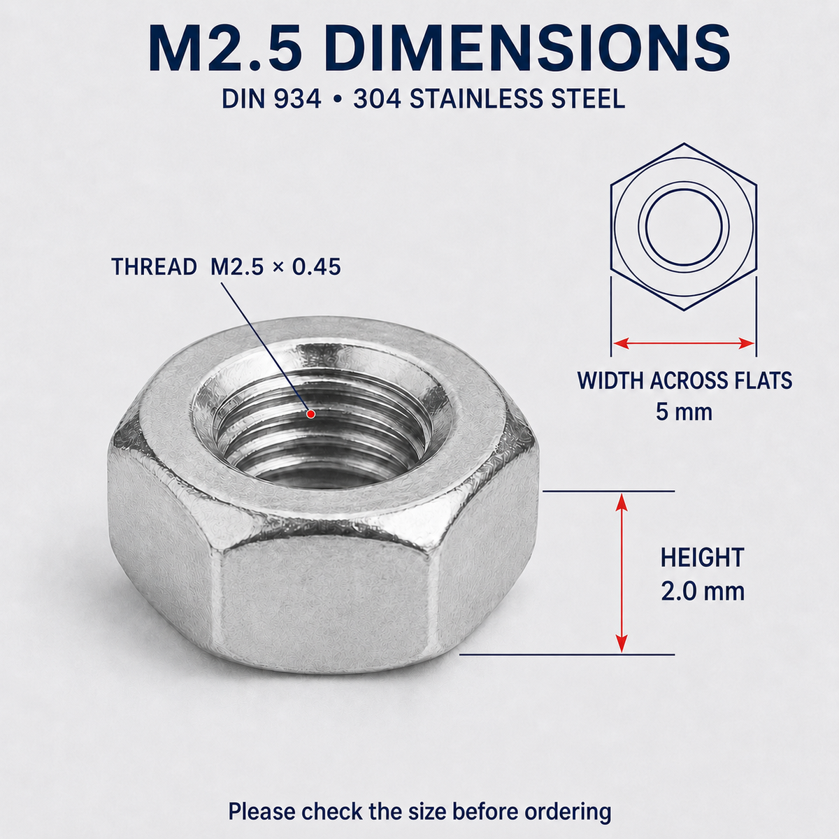 DIN 934 304 Stainless Steel Hex Nuts – M2.5