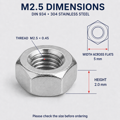 DIN 934 304 Stainless Steel Hex Nuts – M2.5
