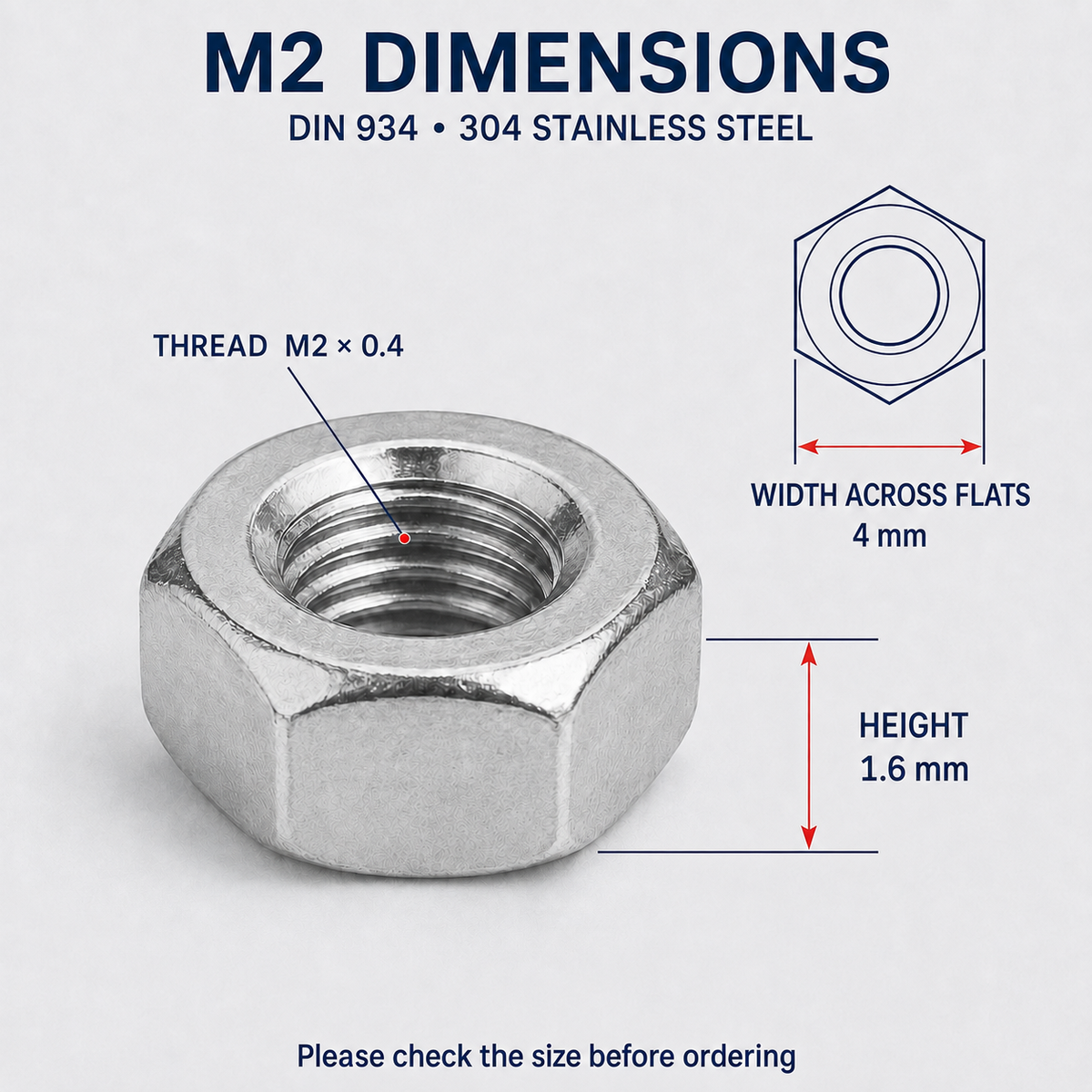 DIN 934 304 Stainless Steel Hex Nuts – M2