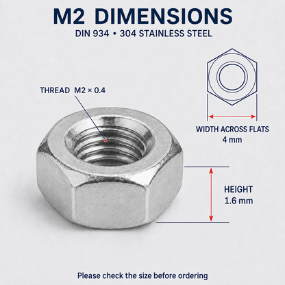 DIN 934 304 Stainless Steel Hex Nuts – M2