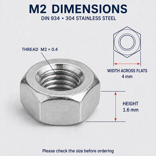 DIN 934 304 Stainless Steel Hex Nuts – M2