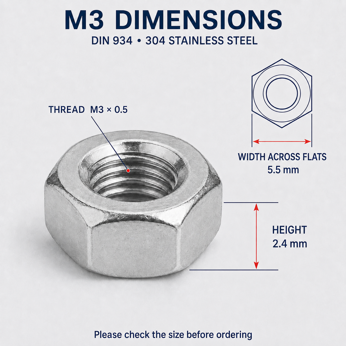 DIN 934 304 Stainless Steel Hex Nuts – M3