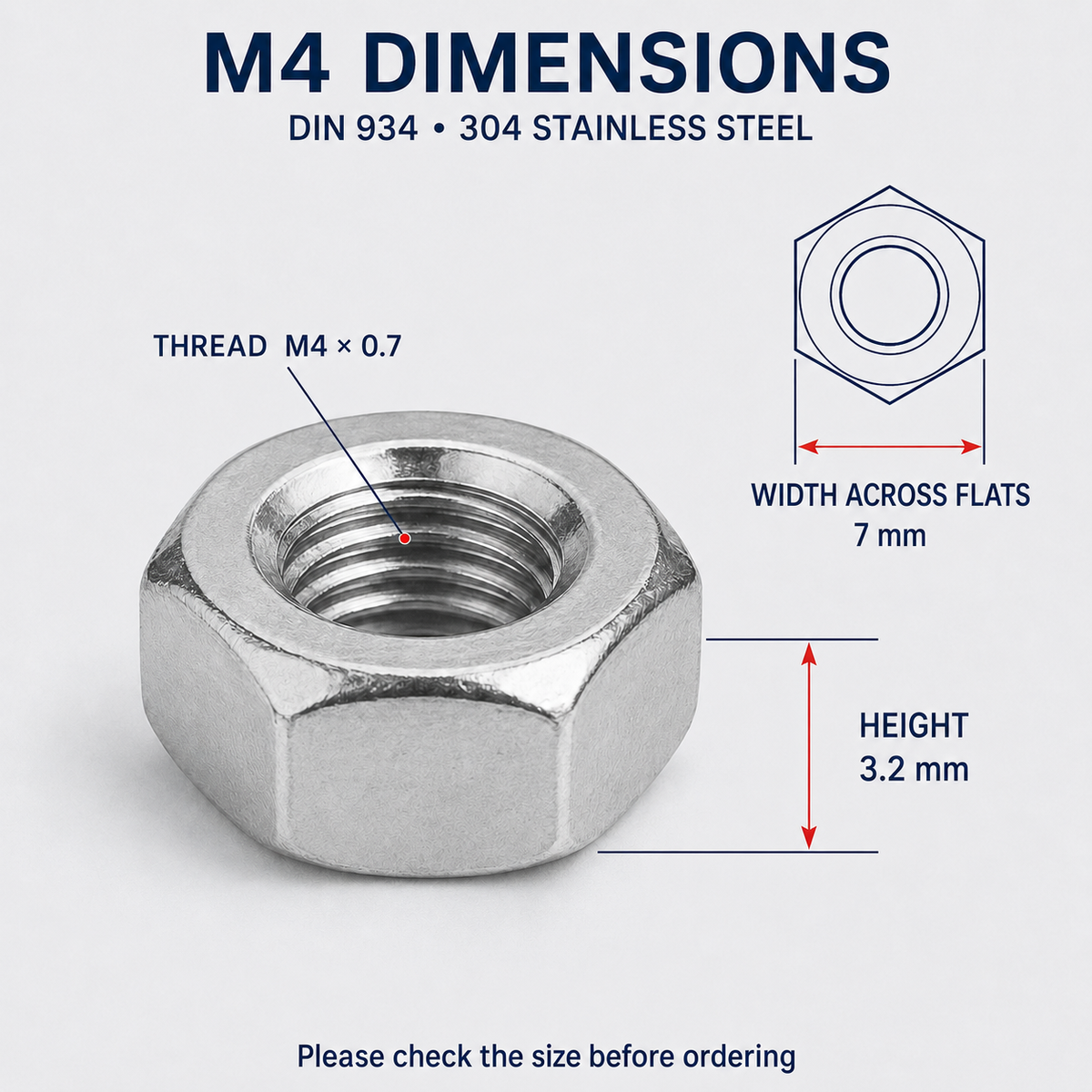 DIN 934 304 Stainless Steel Hex Nuts – M4