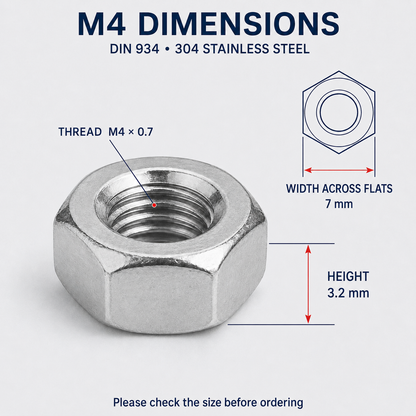 DIN 934 304 Stainless Steel Hex Nuts – M4