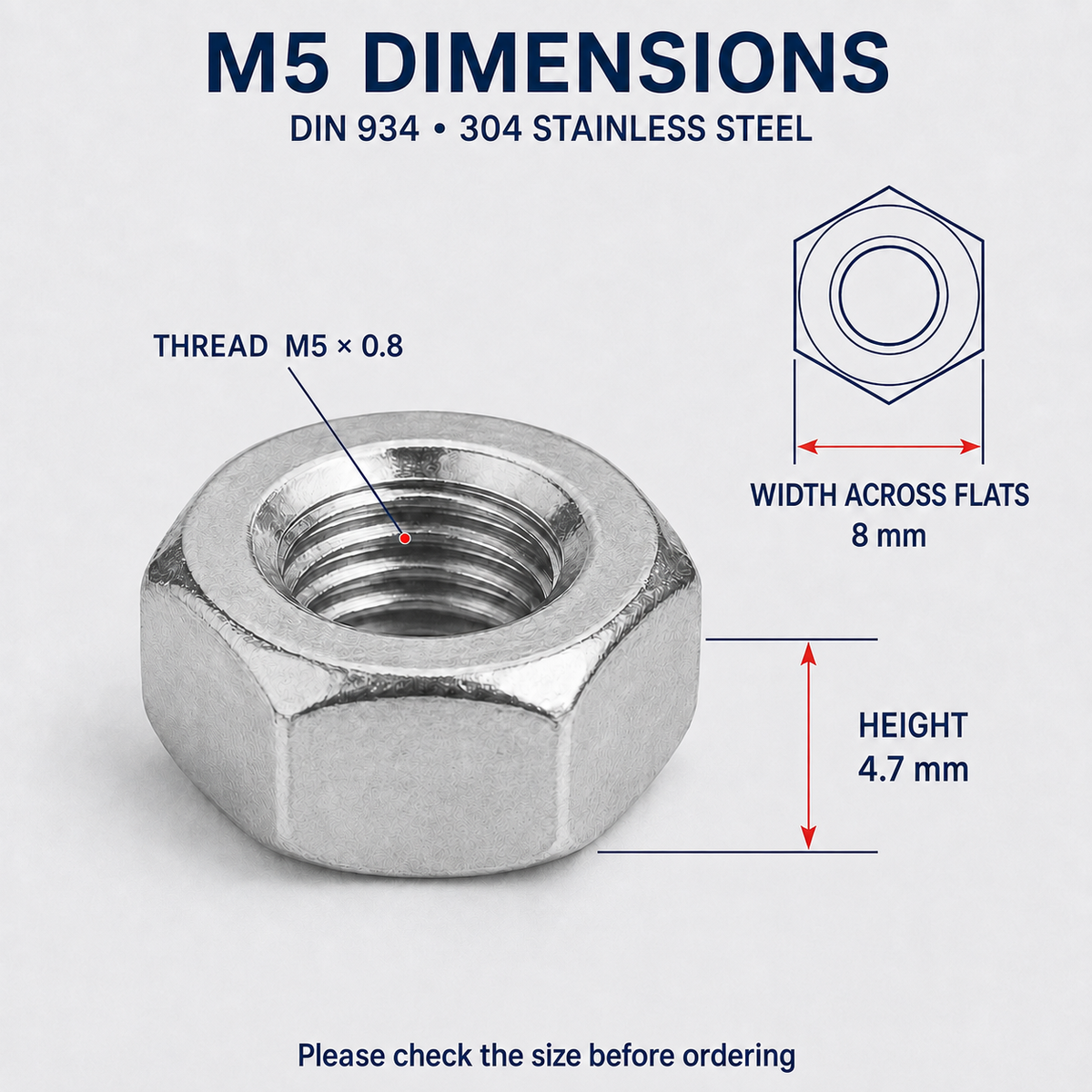 DIN 934 304 Stainless Steel Hex Nuts – M5