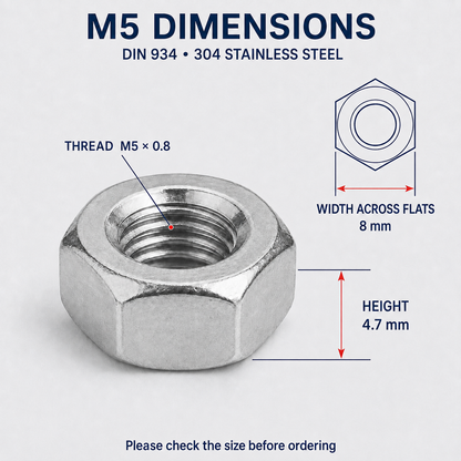 DIN 934 304 Stainless Steel Hex Nuts – M5