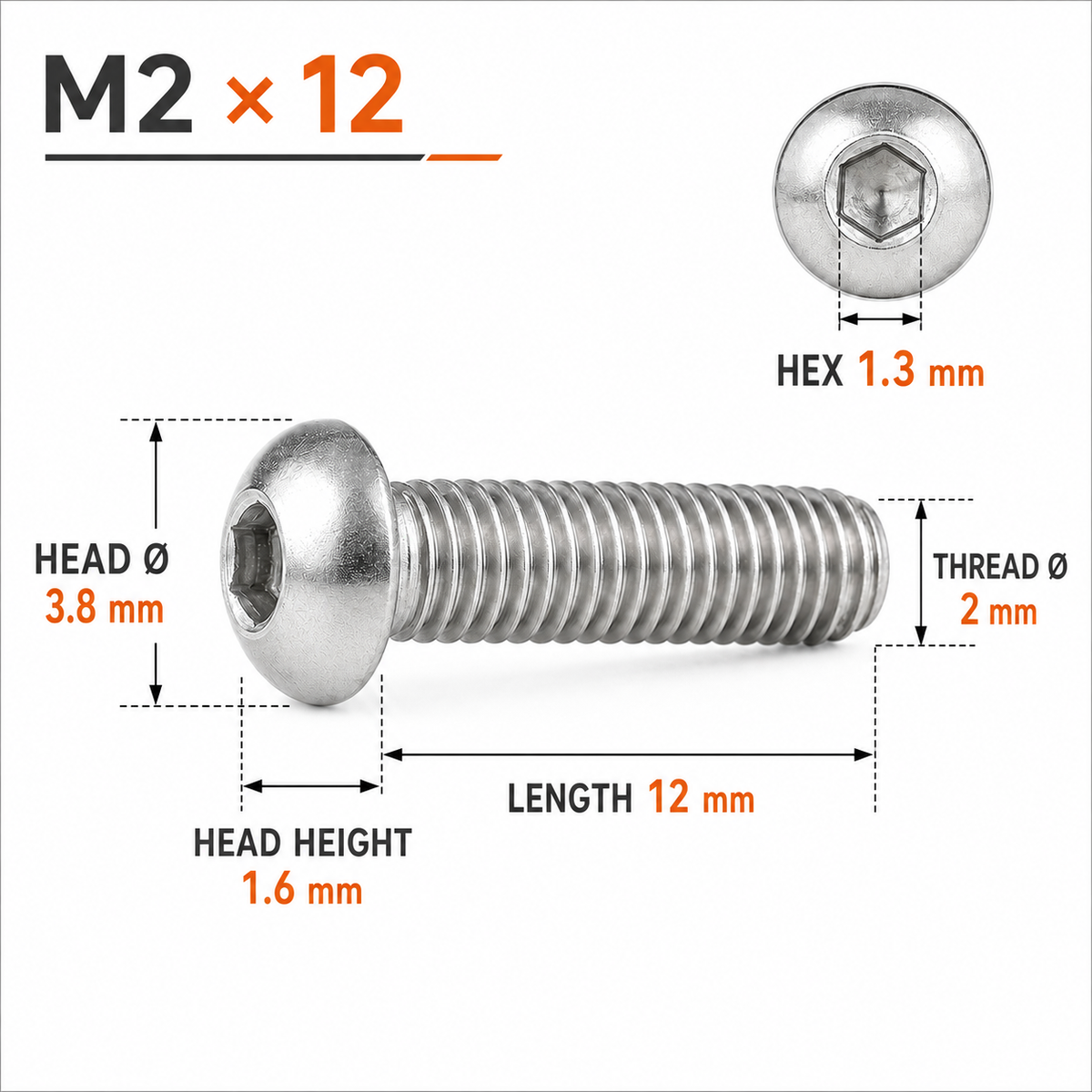 316 Stainless Steel Button Head Socket Screws – ISO 7380 – M2 × 12 mm