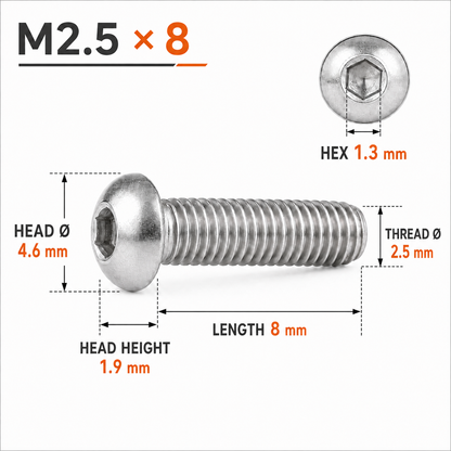 316 Stainless Steel Button Head Socket Screws – ISO 7380 – M2.5 × 8 mm