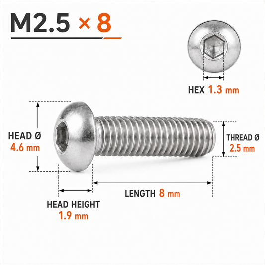 316 Stainless Steel Button Head Socket Screws – ISO 7380 – M2.5 × 8 mm