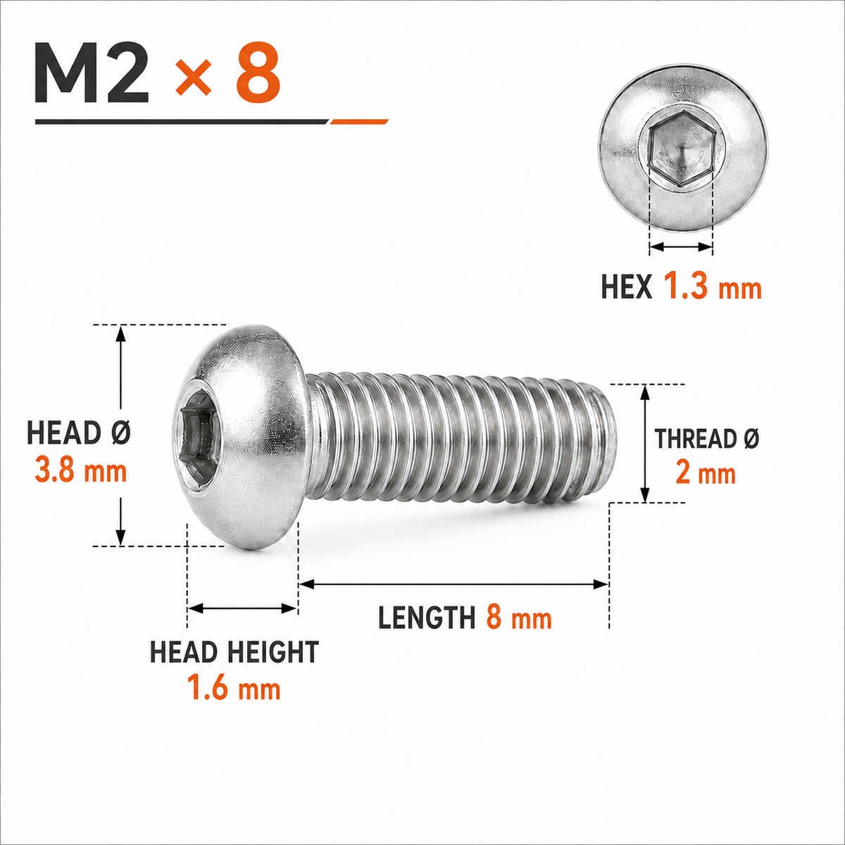316 Stainless Steel Button Head Socket Screws – ISO 7380 – M2 × 8 mm