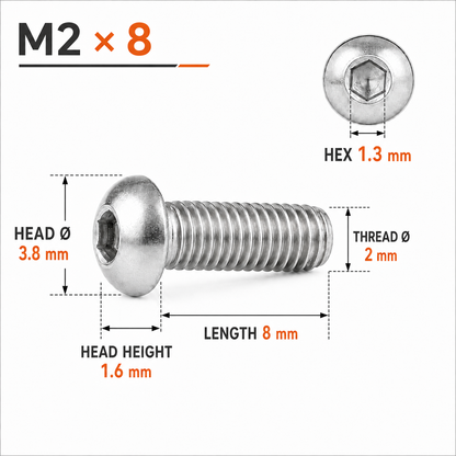 316 Stainless Steel Button Head Socket Screws – ISO 7380 – M2 × 8 mm