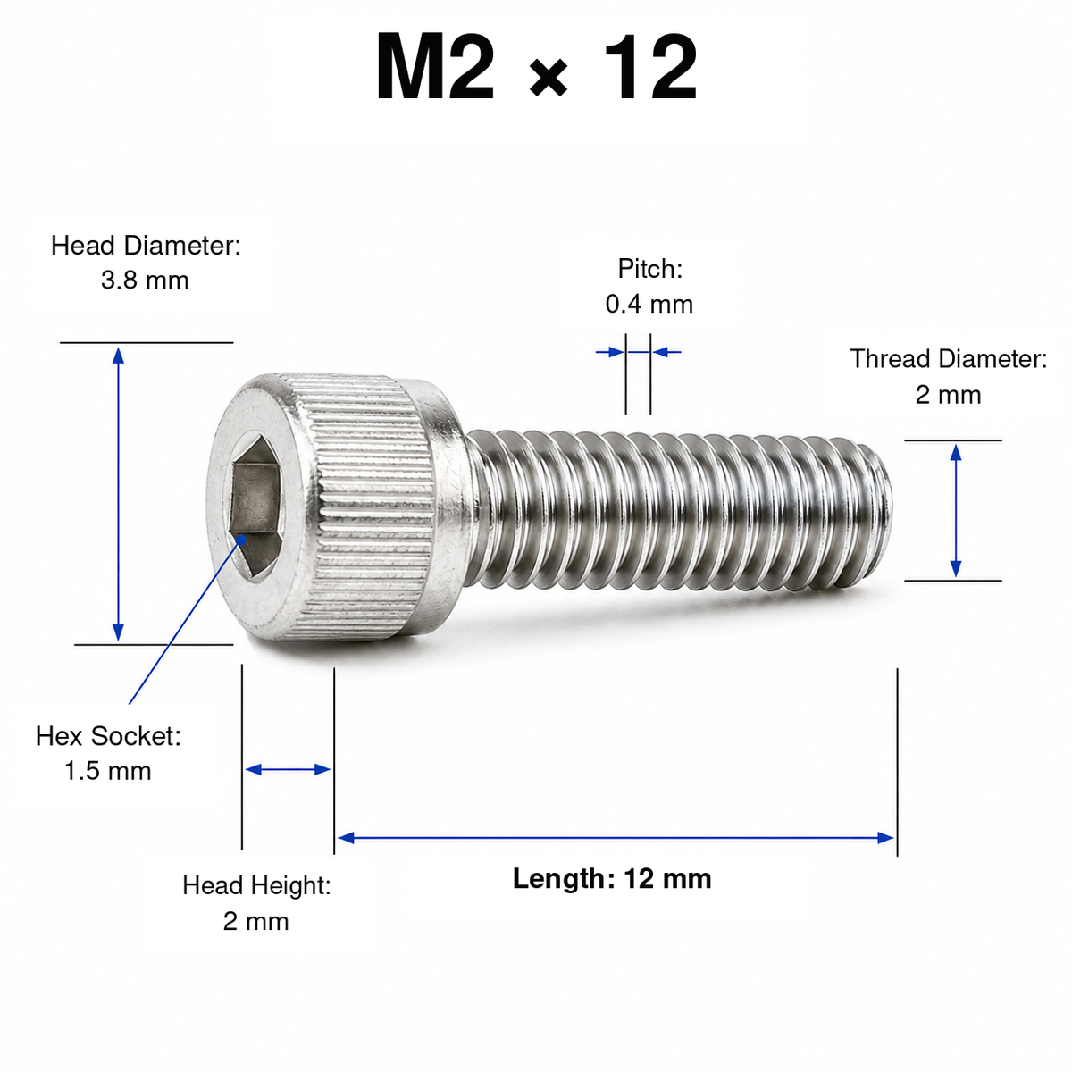 304 Stainless Steel Socket Head Cap Screws – M2 × 12 mm – knurled head