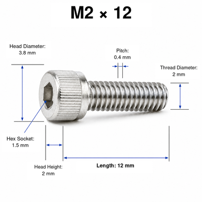 304 Stainless Steel Socket Head Cap Screws – M2 × 12 mm – knurled head