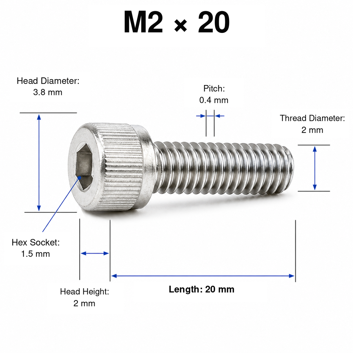 304 Stainless Steel Socket Head Cap Screws – M2 × 20 mm – knurled head
