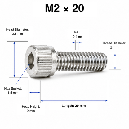 304 Stainless Steel Socket Head Cap Screws – M2 × 20 mm – knurled head