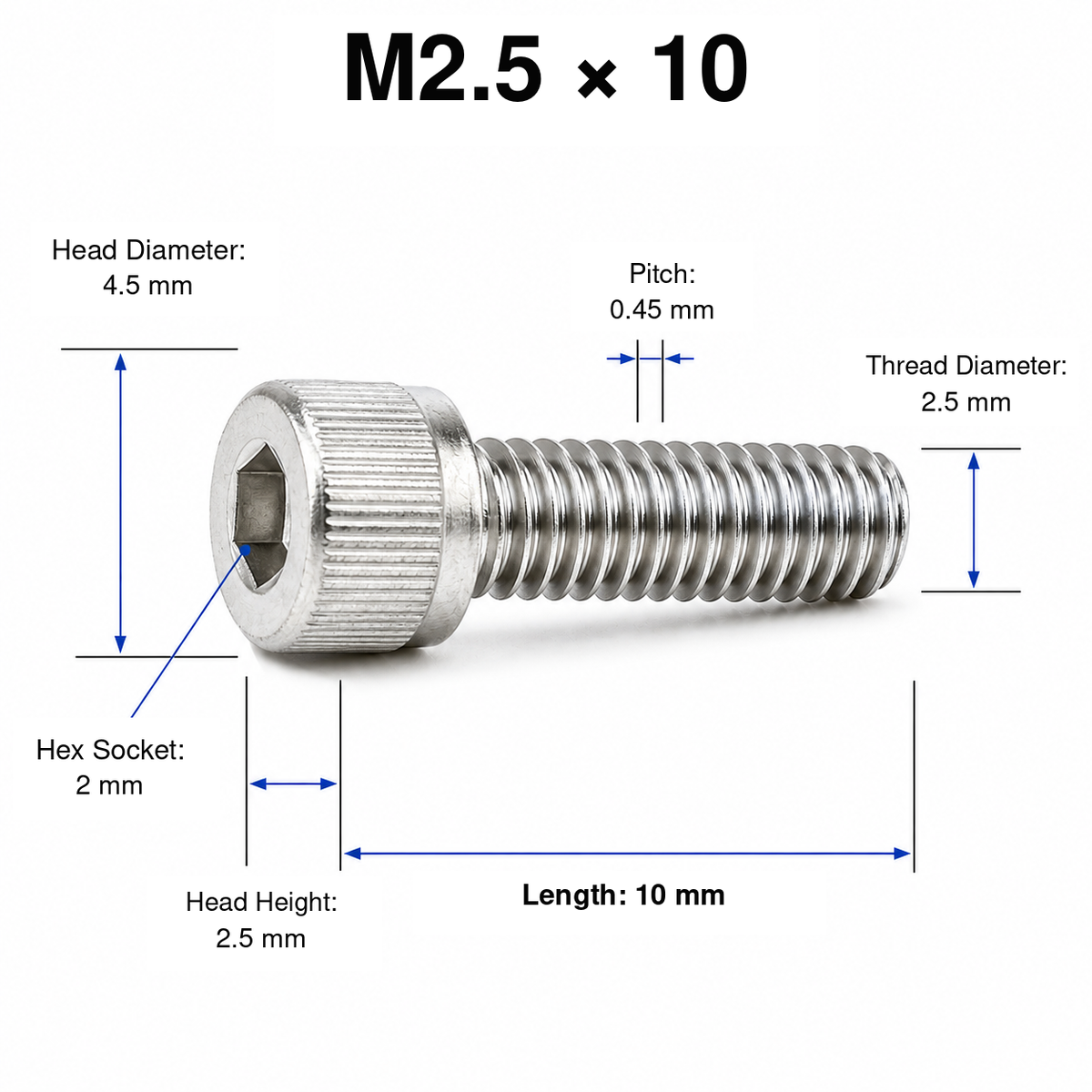304 Stainless Steel Socket Head Cap Screws – M2.5 × 10 mm – knurled head