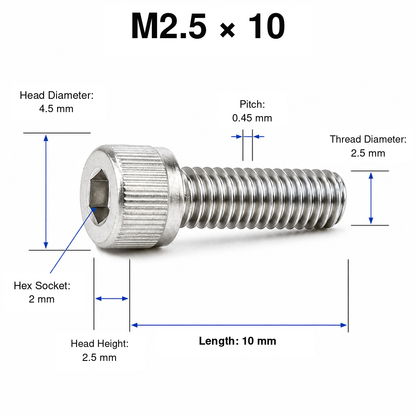 304 Stainless Steel Socket Head Cap Screws – M2.5 × 10 mm – knurled head