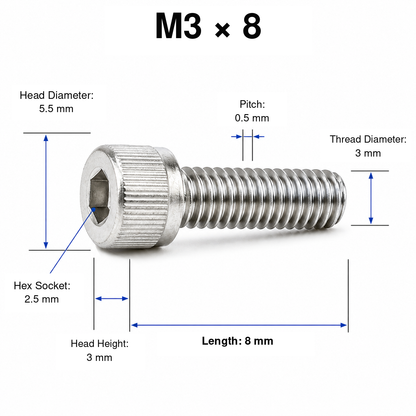 304 Stainless Steel Socket Head Cap Screws – M3 × 8 mm – knurled head