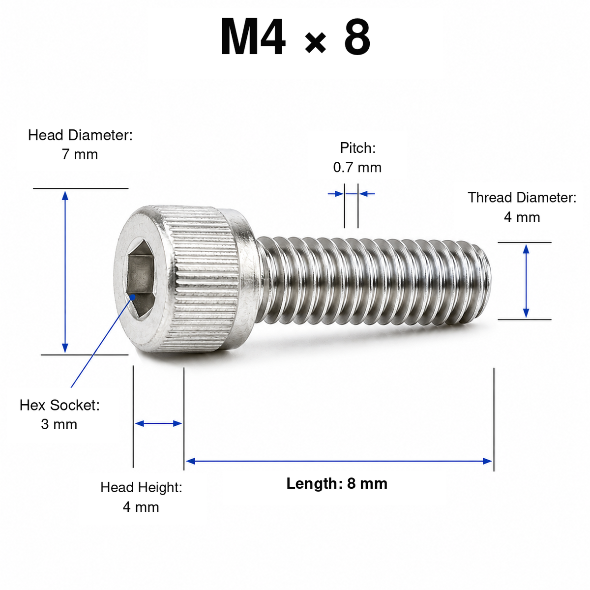 304 Stainless Steel Socket Head Cap Screws – M4 × 8 mm – knurled head