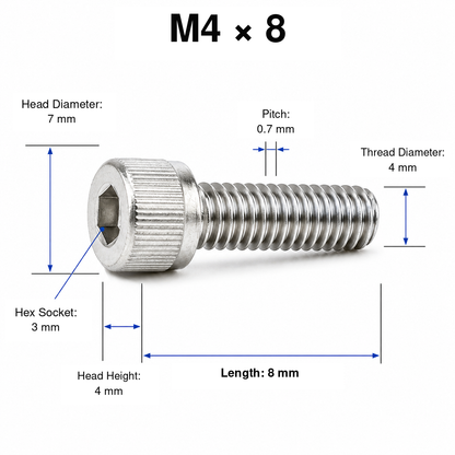 304 Stainless Steel Socket Head Cap Screws – M4 × 8 mm – knurled head