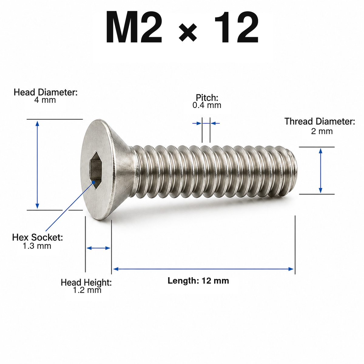 304 Stainless Steel Countersunk Hex Socket Screws – M2 × 12 mm